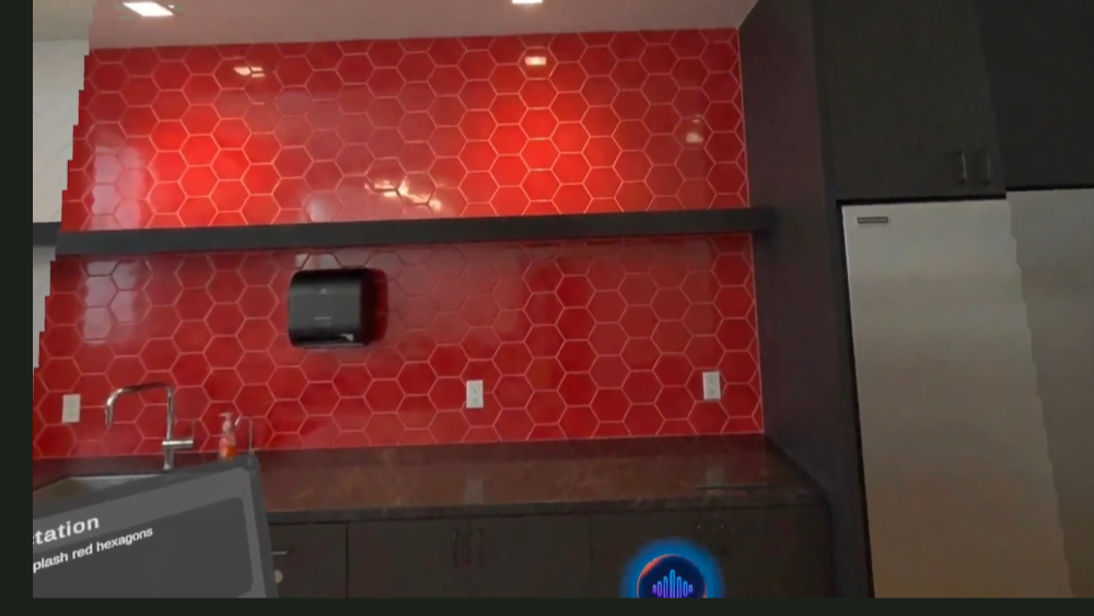 Kitchen backsplash after, red hexagonal tile